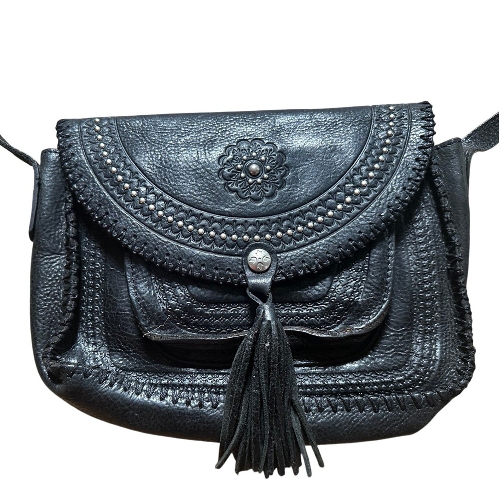 Patricia Nash Black Leather Tooled Tassel Crossbody Saddle Bag
